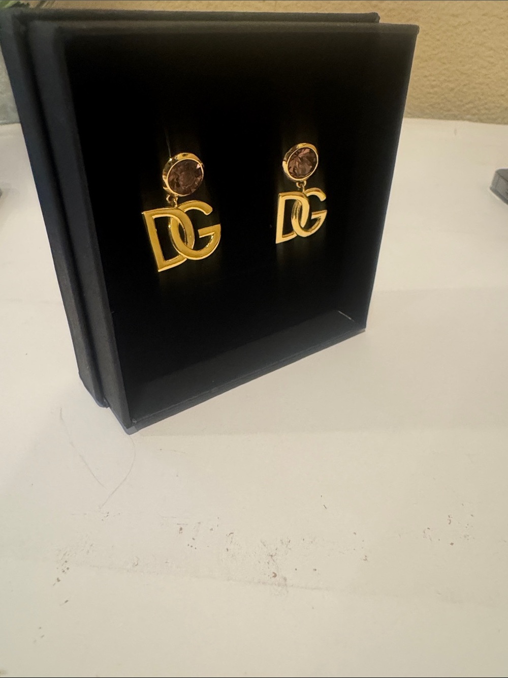 Dolce & Gabbana Gold Drop Earrings with Brown Stones and DG Logo